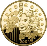 obverse of 655.957 Francs (2001) coin with KM# 1267 from France. Inscription: € € € € € € € € € € € € EUROPA 2001