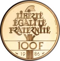 reverse of 100 Francs - Statue of Liberty (1986) coin with KM# 960b from France. Inscription: LIBERTÉ ÉGALITÉ FRATERNITÉ 100F 19 86 DURAND-MEGRET