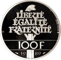 reverse of 100 Francs - Human Rights (1989) coin with KM# 970c from France. Inscription: LIBERTÉ ÉGALITÉ FRATERNITÉ 100F 1989 DURAND-MEGRET