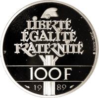 France coin 100 Francs - Human Rights (1989) reverse reverse of 100 Francs - Human Rights (1989) coin with KM# 970c from France. Inscription: LIBERTÉ ÉGALITÉ FRATERNITÉ 100F 1989 DURAND-MEGRET