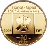 France coin 10 Euro - Japanese Relations (2008) obverse obverse of 10 Euro - Japanese Relations (2008) coin with KM# 1554 from France. Inscription: France-Japon 150e Anniversaire 2008 RF 10 EURO