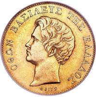 Greece coin 20 Drachmai - Otto (1833) obverse obverse of 20 Drachmai - Otto (1833) coin with KM# 21 from Greece.