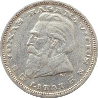 Lithuania coin 5 Litai - Jonas Basanavičius (1936) reverse reverse of 5 Litai - Jonas Basanavičius (1936) coin with KM# 82 from Lithuania. Inscription: JONAS BASANAVIČIUS J.Z. 5 LITAI