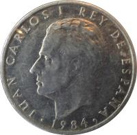 obverse of 2 Pesetas - Juan Carlos I (1982 - 1984) coin with KM# 822 from Spain. Inscription: JUAN CARLOS I REY DE ESPAÑA 1984
