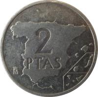 reverse of 2 Pesetas - Juan Carlos I (1982 - 1984) coin with KM# 822 from Spain. Inscription: 2 PTAS M