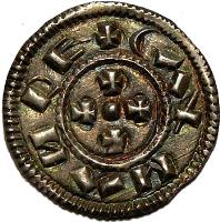 obverse of 1 Denar - Coloman (1095 - 1116) coin with EH# 27 from Hungary. Inscription: CALMAN RE+