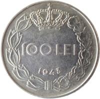 reverse of 100 Lei - Mihai I (1943 - 1944) coin with KM# 64 from Romania. Inscription: 100 LEI 1943