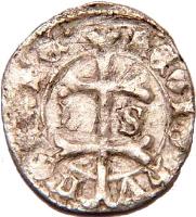 reverse of 1 Denar - Matthias Corvinus (1463) coin with EH# 556 from Hungary. Inscription: REGIS hVNGARIE.