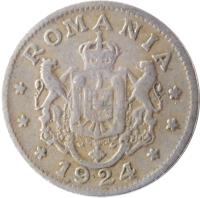 obverse of 1 Leu - Ferdinand I (1924) coin with KM# 46 from Romania. Inscription: ROMANIA NIHIL SINE DEO 1924