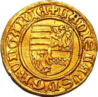 obverse of 1 Forint - Ladislaus V (1453 - 1457) coin with EH# 515 from Hungary. Inscription: .LADISLAVS.D.G.R.VNGARIE.+