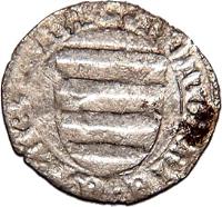 Hungary coin 1 Denar - Ladislaus V (1455) reverse reverse of 1 Denar - Ladislaus V (1455) coin with EH# 523 from Hungary. Inscription: + REGIS.VNGARIE.ET.C