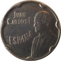 obverse of 50 Pesetas - Juan Carlos I - Expo 92 (1990) coin with KM# 852 from Spain. Inscription: JUAN CARLOS I ESPAÑA