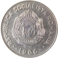 obverse of 1 Leu (1966) coin with KM# 95 from Romania. Inscription: ROMANIA · · REPUBLICA SOCIALISTA ROMANIA · · 1966