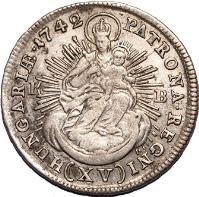 Hungary coin 15 Krajczár - Maria Theresa (1742 - 1744) reverse reverse of 15 Krajczár - Maria Theresa (1742 - 1744) coin with KM# 330 from Hungary. Inscription: HUNGA:1744 PATRONA.REG ( XV )