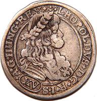 obverse of 15 Krajczár - Leopold I (1674 - 1695) coin with KM# 191 from Hungary. Inscription: LEOPOLDVS.D.G.R.I.(XV)S.A.G.HVNG.REX