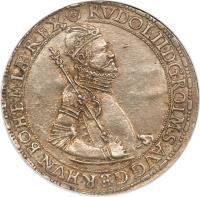 obverse of 1 Thaler - Rudolf (1601 - 1604) coin with EH# 798 from Hungary. Inscription: RVDOL · II · D · G · RO · IM · S · AVG · GER · HVN · BOHEMIƷREX ·