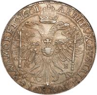 reverse of 1 Thaler - Rudolf (1601 - 1604) coin with EH# 798 from Hungary. Inscription: ARCHIDVX · AVSTRIƷDVX · BVRG · MAR · MOR · ETC · 1602 ·