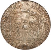 Hungary coin 1 Thaler - Rudolf (1601 - 1604) reverse reverse of 1 Thaler - Rudolf (1601 - 1604) coin with EH# 798 from Hungary. Inscription: ARCHIDVX · AVSTRIƷDVX · BVRG · MAR · MOR · ETC · 1602 ·