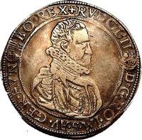 obverse of 1 Thaler - Rudolf (1578 - 1608) coin with EH# 790 from Hungary. Inscription: + RVDOL.II D.G.RO.IM.S.AV.GER.HVN