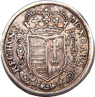 obverse of 1/2 Thaler - Francis II Rákóczi (1704 - 1707) coin with KM# 265 from Hungary. Inscription: MO:NO:ARG: REG:HVNG: 1705