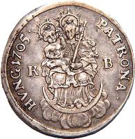 Hungary coin 1/2 Thaler - Francis II Rákóczi (1704 - 1707) reverse reverse of 1/2 Thaler - Francis II Rákóczi (1704 - 1707) coin with KM# 265 from Hungary. Inscription: PATRONA HVNGARIAE K B