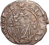 reverse of 1 Denar - Ferdinand I (1527 - 1552) coin with EH# 744 from Hungary. Inscription: PATRONA · · VNGARIE