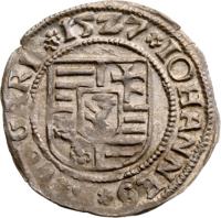 obverse of 1 Denar - John I (1527 - 1530) coin with EH# 699 from Hungary. Inscription: · IOHANNES · R · VNGAR · 1527 ·