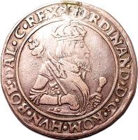 Hungary coin 1/4 Thaler - Ferdinand I (1553 - 1556) obverse obverse of 1/4 Thaler - Ferdinand I (1553 - 1556) coin with EH# 726 from Hungary. Inscription: *FERDINAND · D · G · ROM · HVN · BOE · DAL · C · REX