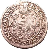 reverse of 1/4 Thaler - Ferdinand I (1553 - 1556) coin with EH# 726 from Hungary. Inscription: INF · HISPA · ARCHID · AVSTRIE · DVX · BVR · 1555 · K B