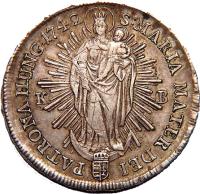 Hungary coin 1 Thaler - Maria Theresa (1741 - 1744) reverse reverse of 1 Thaler - Maria Theresa (1741 - 1744) coin with KM# 328 from Hungary. Inscription: S.MARIA MATER DEI.PATRONA HUNG