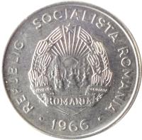 obverse of 15 Bani (1966) coin with KM# 93 from Romania. Inscription: REPUBLICA SOCIALISTA ROMANIA · 1966 ·