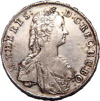 obverse of 1 Thaler - Maria Theresa (1743 - 1744) coin with KM# 333 from Hungary. Inscription: M.THERES:D:G:REG:HU:BO