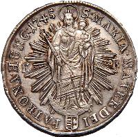 Hungary coin 1 Thaler - Maria Theresa (1743 - 1744) reverse reverse of 1 Thaler - Maria Theresa (1743 - 1744) coin with KM# 333 from Hungary. Inscription: S:MARIA MATER DEI PATRONA HUNG: