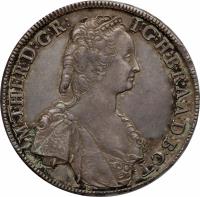 obverse of 1 Thaler - Maria Theresa (1744 - 1748) coin with KM# 337 from Hungary. Inscription: M.THERES:D:G:REG:HU:BO