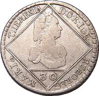 Hungary coin 30 Krajczár - Maria Theresa (1741 - 1750) obverse obverse of 30 Krajczár - Maria Theresa (1741 - 1750) coin with KM# 347 from Hungary.