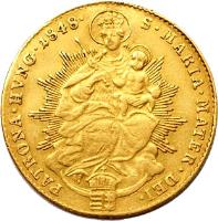 Hungary coin 1 Dukát - Ferdinand I (1837 - 1848) reverse reverse of 1 Dukát - Ferdinand I (1837 - 1848) coin with KM# 425 from Hungary. Inscription: S · MARIA · MATER · DEI · PATRONA · HVNG · 1848