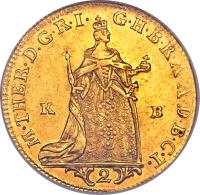 Hungary coin 2 Dukát - Maria Theresa (1763 - 1766) obverse obverse of 2 Dukát - Maria Theresa (1763 - 1766) coin with KM# 379 from Hungary.