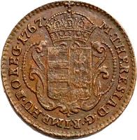 Hungary coin 1 Denar - Maria Theresa (1767 - 1771) reverse reverse of 1 Denar - Maria Theresa (1767 - 1771) coin with KM# 383 from Hungary. Inscription: PATRONA HUNGARIAE