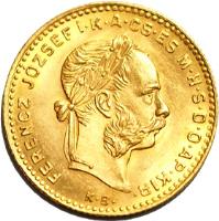 obverse of 10 Francs / 4 Forint - Franz Joseph I (1880 - 1890) coin with KM# 466 from Hungary.