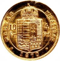 reverse of 10 Francs / 4 Forint - Franz Joseph I (1870 - 1879) coin with KM# 454 from Hungary.