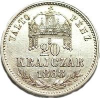 reverse of 20 Krajczár - Franz Joseph I (1868) coin with KM# 445 from Hungary.