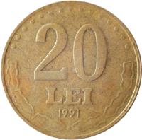 reverse of 20 Lei (1991 - 2003) coin with KM# 109 from Romania. Inscription: 20 LEI 1991