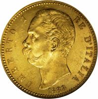 obverse of 100 Lire - Umberto I (1880 - 1891) coin with KM# 22 from Italy. Inscription: UMBERTO I RE D'ITALIA 1883