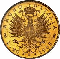 reverse of 20 Lire - Vittorio Emanuele III (1902 - 1908) coin with KM# 37 from Italy. Inscription: REGNO D'ITALIA L 20 R 1905