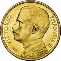 obverse of 50 Lire - Vittorio Emanuele III (1910 - 1927) coin with KM# 49 from Italy. Inscription: VITTORIO EMANUELE III