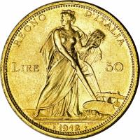 Italy coin 50 Lire - Vittorio Emanuele III (1910 - 1927) reverse reverse of 50 Lire - Vittorio Emanuele III (1910 - 1927) coin with KM# 49 from Italy. Inscription: REGNO D'ITALIA LIRE 50 E. BONINSEGNA M. L. GIORGI INC R 1912