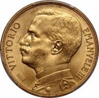 obverse of 100 Lire - Vittorio Emanuele III (1910 - 1927) coin with KM# 50 from Italy. Inscription: VITTORIO EMANUELE III