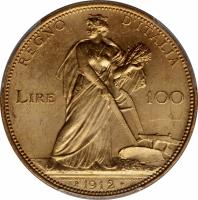 reverse of 100 Lire - Vittorio Emanuele III (1910 - 1927) coin with KM# 50 from Italy. Inscription: REGNO D'ITALIA LIRE 100 E. BONINSEGNA M. L. GIORGI INC R 1912