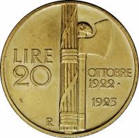 Italy coin 20 Lire - Vittorio Emanuele III - Fascism Anniversary (1923) reverse reverse of 20 Lire - Vittorio Emanuele III - Fascism Anniversary (1923) coin with KM# 64 from Italy. Inscription: LIRE 20 OTTOBRE 1922 1923 R