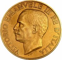 obverse of 100 Lire - Vittorio Emanuele III - Fascism Anniversary (1923) coin with KM# 65 from Italy. Inscription: VITTORIO EMANUELE III RE D'ITALIA A.MOTTI